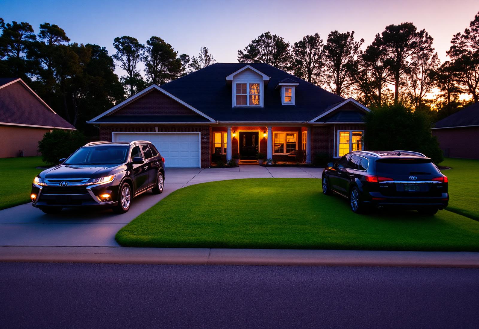 Alabama family home at dusk with two vehicles in the driveway